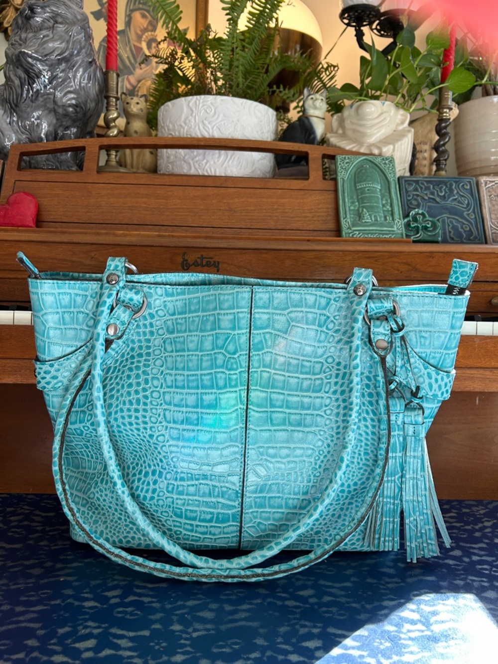 PATRICIA NASH Abingdon Distressed Croc Blue Grass Color Long Strap Tote Bag